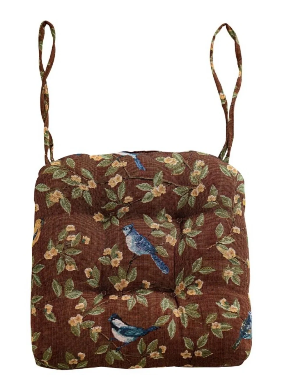 Bluebirds Tufted Chair Cushion with Ties SQUARE 18x18”- COFFEE